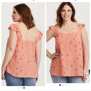 Torrid Coral Cactus Ruffle Crepe Tank. Women's 4 Elastic back.